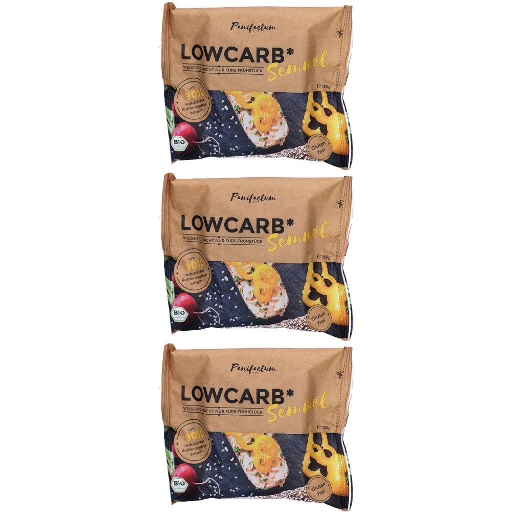 Trois paquets de pain. Inscription: LOWCARB Semmel. Label bio. Sans gluten. Image de pain garni.