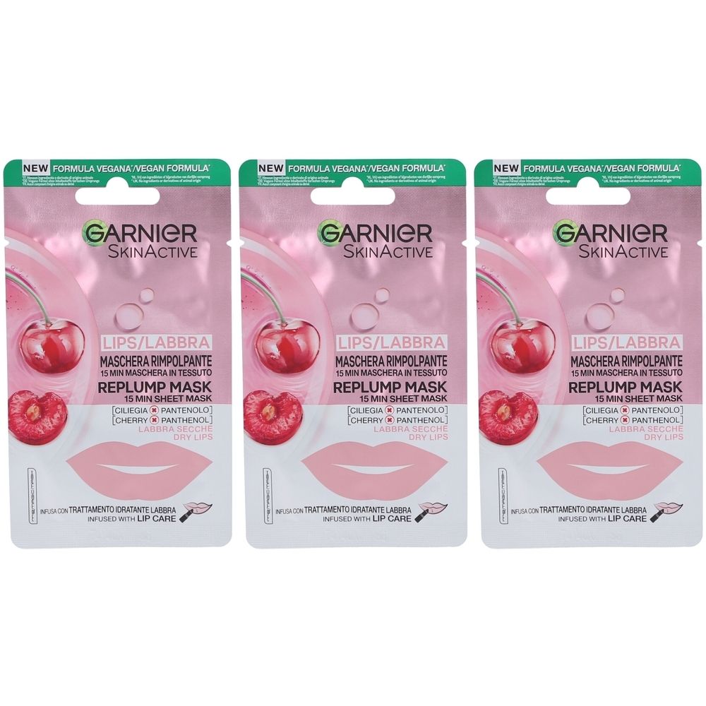 Trois sachets roses avec illustration de cerises et texte GARNIER SKINACTIVE. Masque lèvres, formule végane.