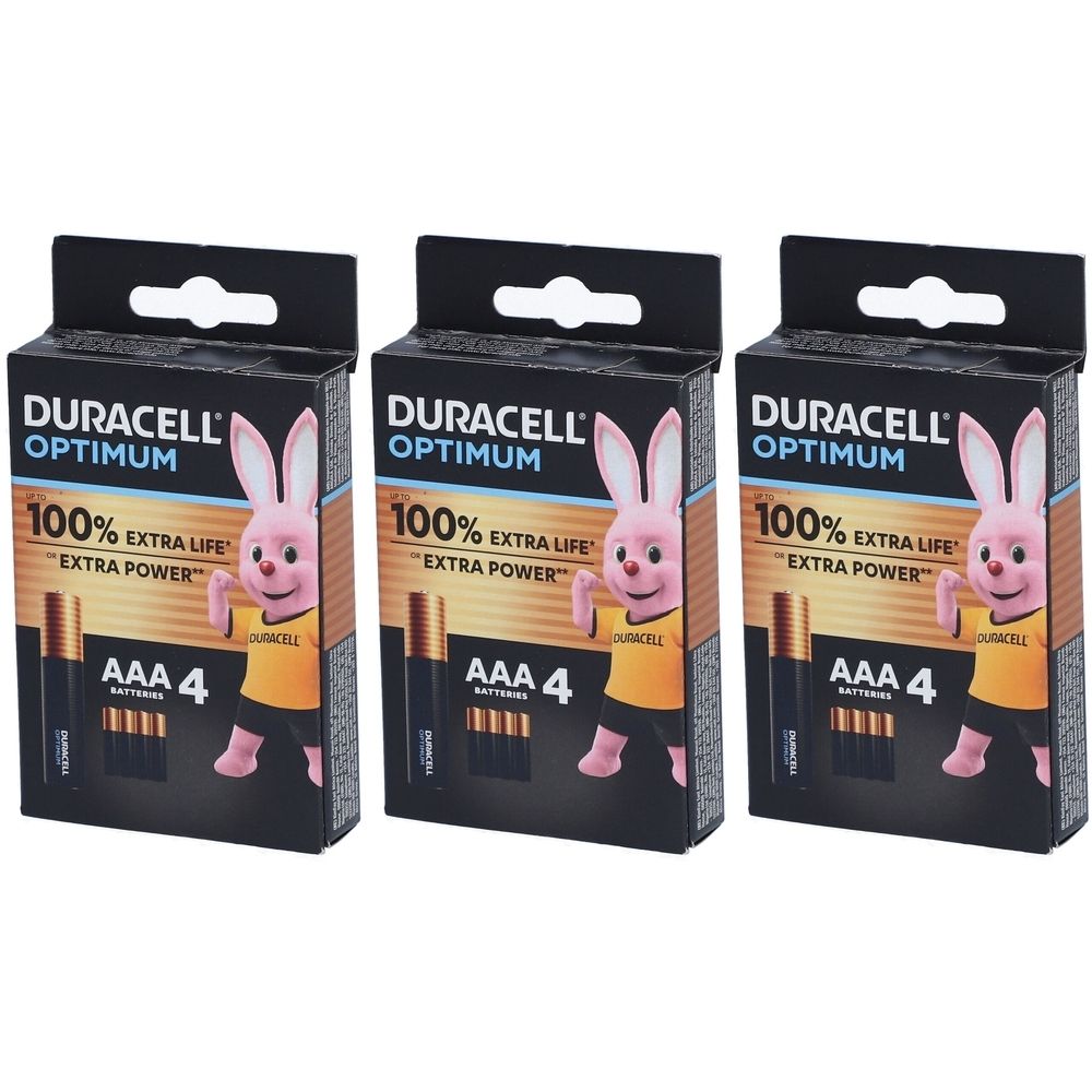 Trois boîtes de piles DURACELL OPTIMUM AAA 4. Emballage noir avec lapin rose et texte : 100% EXTRA LIFE.