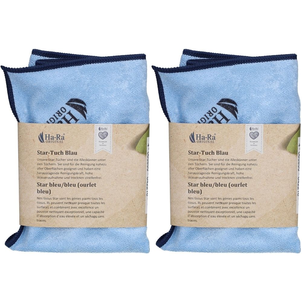 Deux chiffons bleus avec bordure bleu foncé, emballés avec une bande de papier. Impression : Ha-Ra, Star-Tuch Blau.