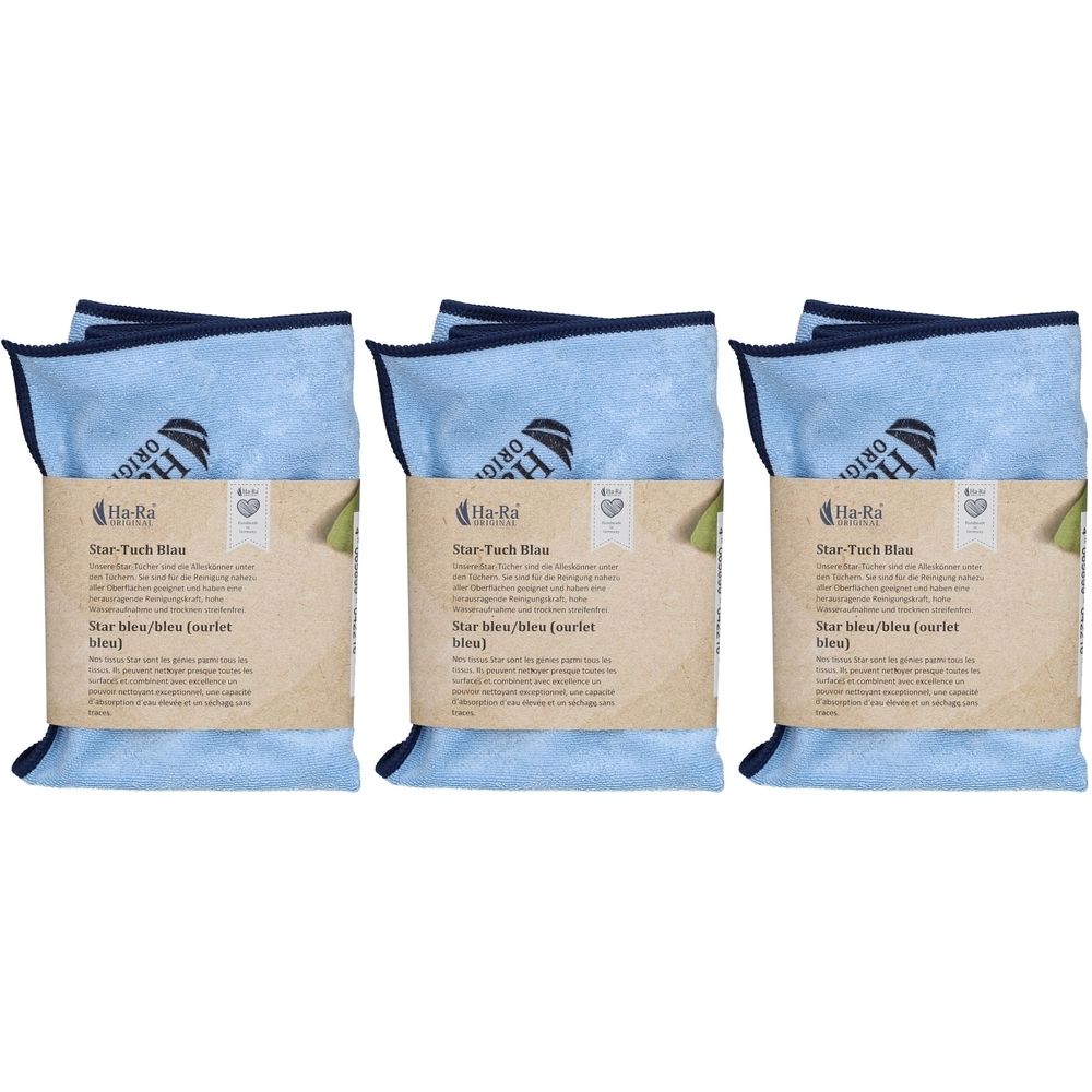 Trois chiffons bleus dans un emballage. Impression: Ha-Ra, Star Tuch bleu. Avec étiquettes marron.