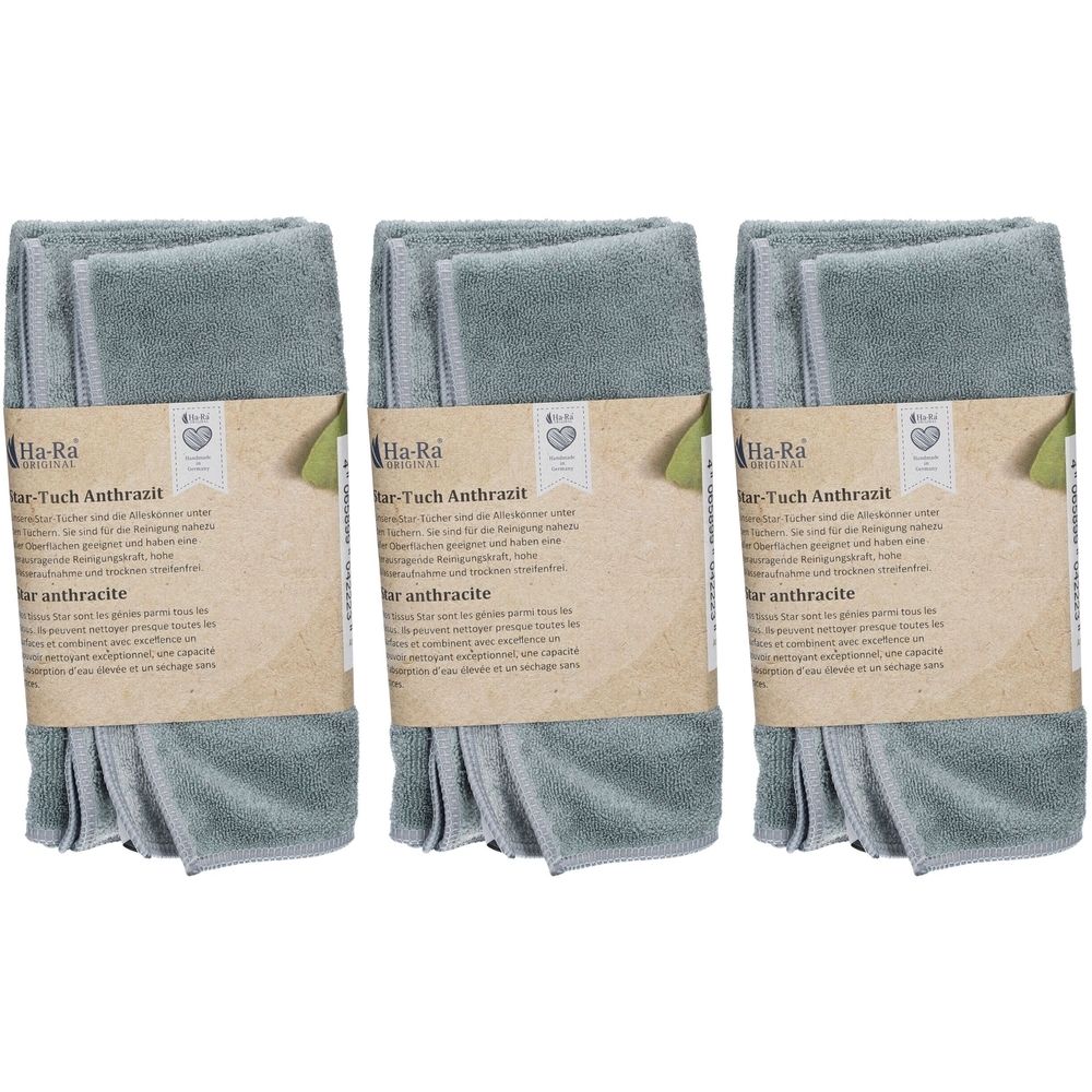 Trois lingettes anthracite emballées. Chaque emballage affiche le logo Ha-Ra et le nom du produit.