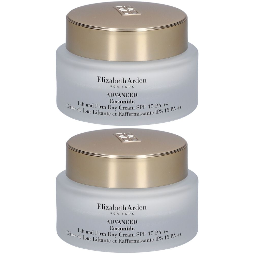 Zwei Tiegel mit goldfarbenen Deckeln. Auf den Tiegeln steht "Elizabeth Arden ADVANCED Ceramide Lift and Firm Day Cream SPF 15 PA++".