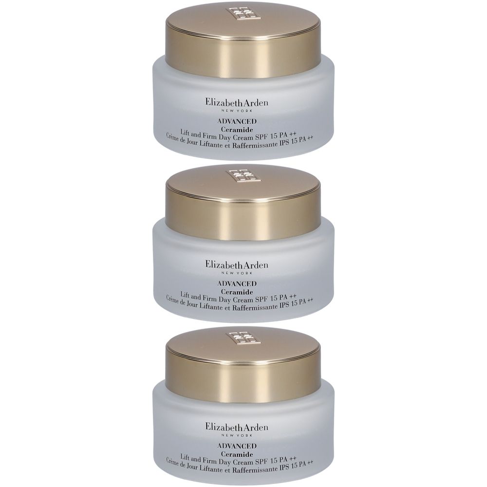 Drei Tiegel Elizabeth Arden Ceramide Tagescreme. Glasbehälter mit goldenem Deckel. Aufschrift: ADVANCED Ceramide, SPF 15 PA++.
