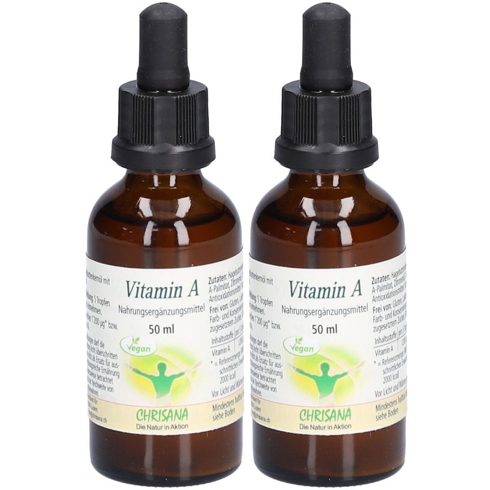 Deux flacons en verre brun avec des compte-gouttes noirs. Les étiquettes indiquent "Vitamin A" et "50 ml". Le logo affiche une personne et le mot "Vegan".