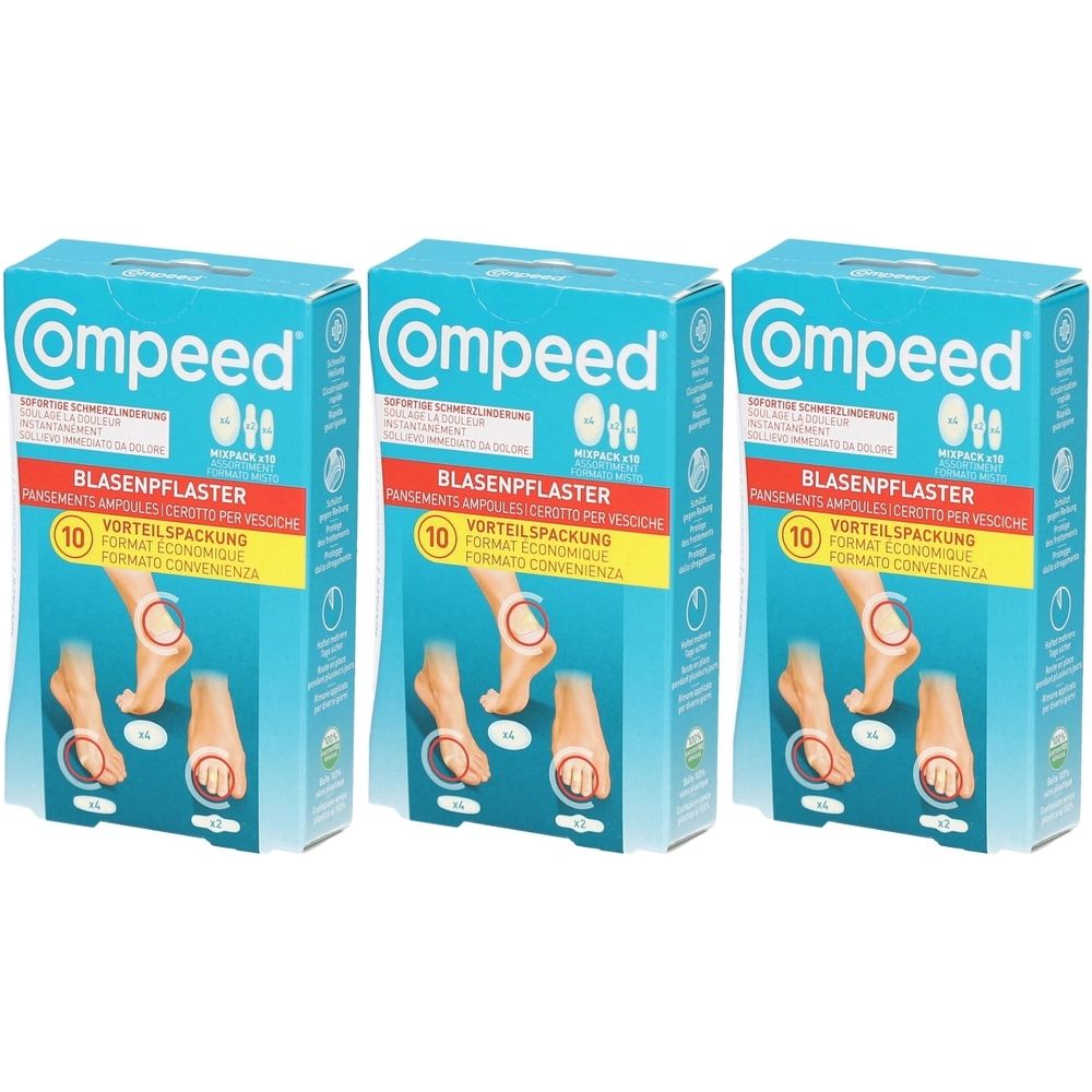 Trois boîtes de COMPEED Blasenpflaster. Emballage bleu avec nom du produit et illustrations. 10 pièces par boîte.