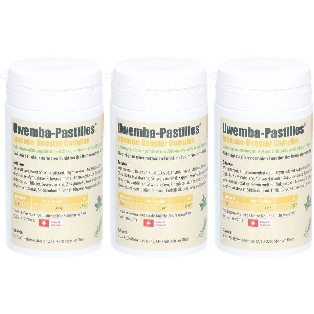 Trois flacons blancs avec couvercles. Inscription: Uwemba-Pastilles Immune-Booster Complex. Étiquette avec ingrédients et logo.