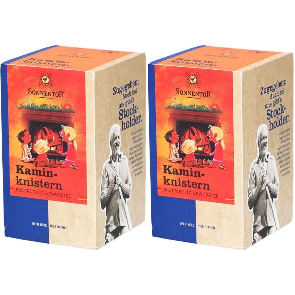 Deux boîtes rectangulaires. Impression: SONNENTOR, Kamin-knistern, BIO Früchte-Gewürztee. Illustration: Enfants près d'une cheminée. Texte: Zugegeben: Auch bei uns gibt's Stock-holder.