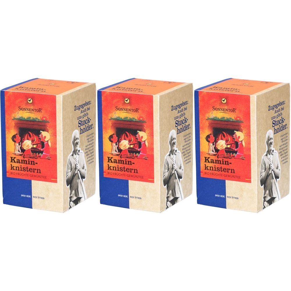 Trois boîtes en carton avec impression. Inscription : SONNENTOR, Kaminknistern. Illustration d'une cheminée avec des personnages.