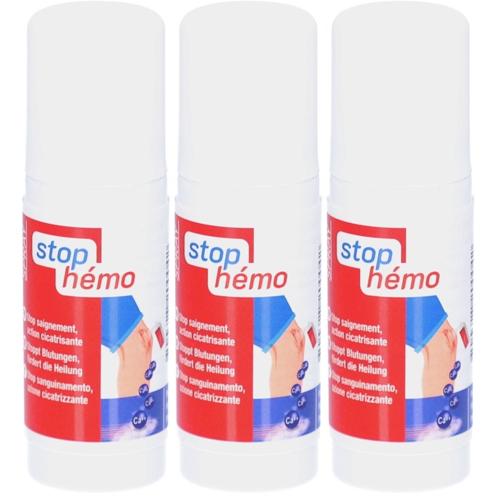 Drei weiße Sprühflaschen mit roter und blauer Etikettierung. Aufschrift "stop hémo".