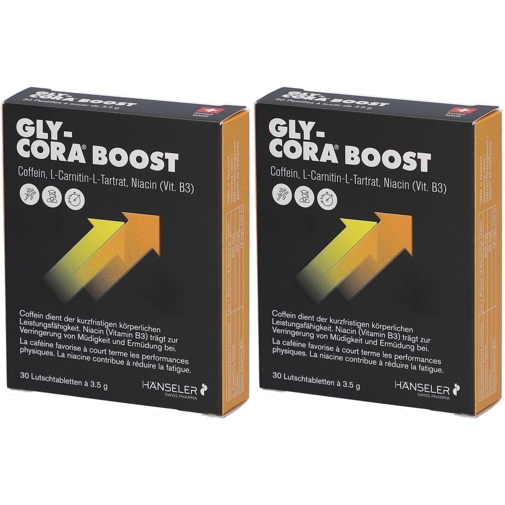 Deux boîtes de Gly-Cora Boost. Emballage noir avec flèche jaune. Contient caféine, L-Carnitine, Niacine. 30 comprimés à sucer.