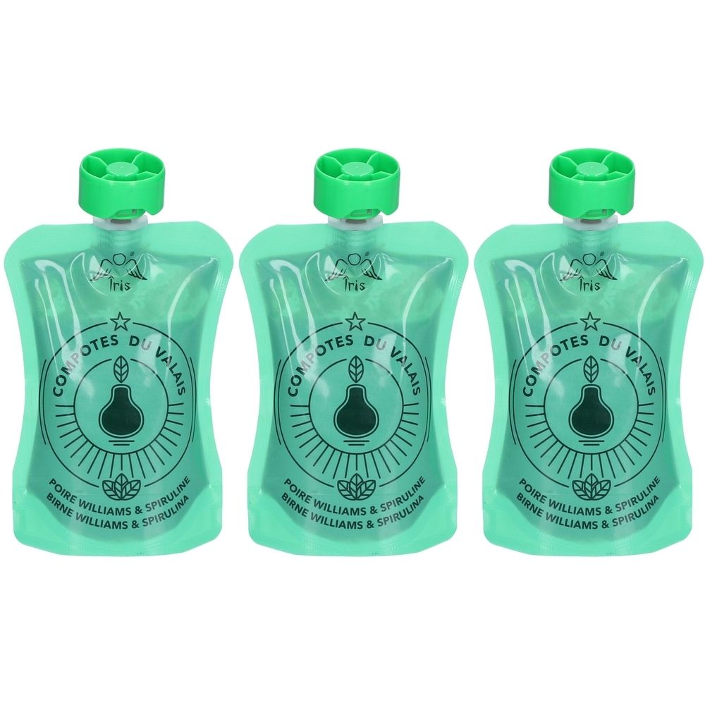 Trois gourdes vertes avec bouchon vert. Chaque gourde porte l'inscription "COMPOTES DU VALAIS" et "POIRE WILLIAMS & SPIRULINE".