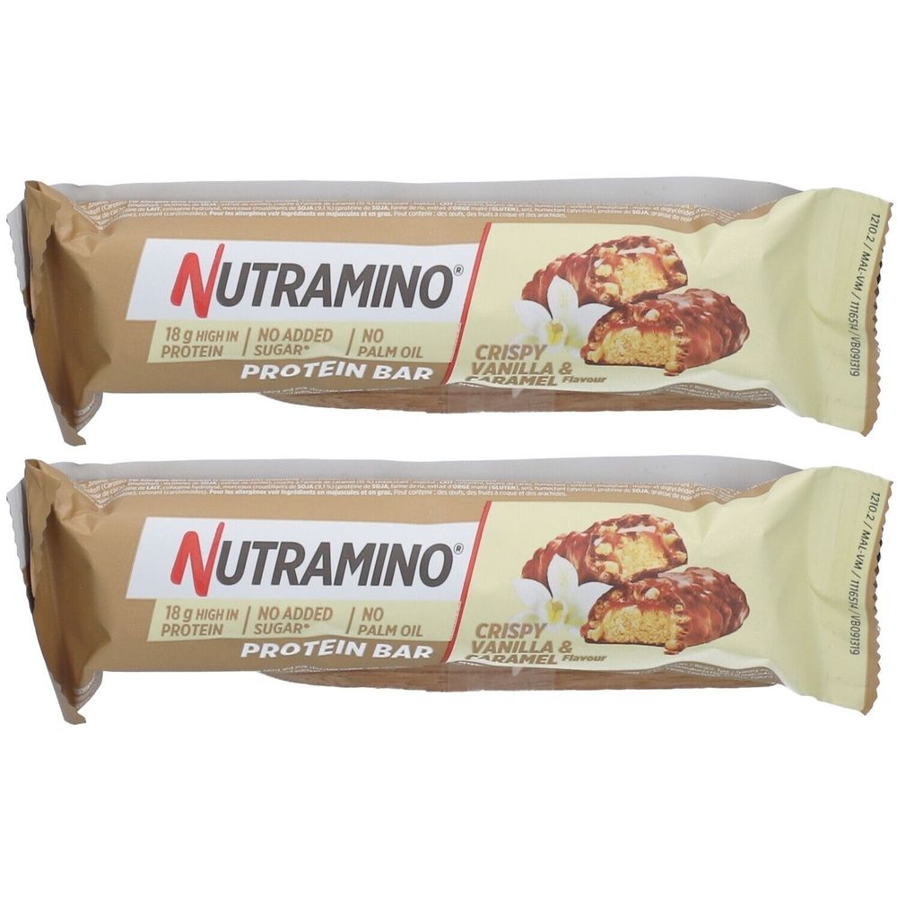Deux barres protéinées emballées. Inscription : NUTRAMINO, 18g protéines, sans sucre ajouté, sans huile de palme, Crispy Vanilla & Caramel.