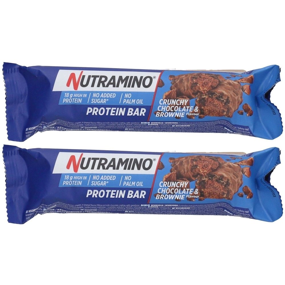 Deux barres protéinées emballées en bleu. Inscription: NUTRAMINO, Protein Bar, Crunchy Chocolate & Brownie. Contient 18g de protéines, sans sucre ajouté, sans huile de palme.