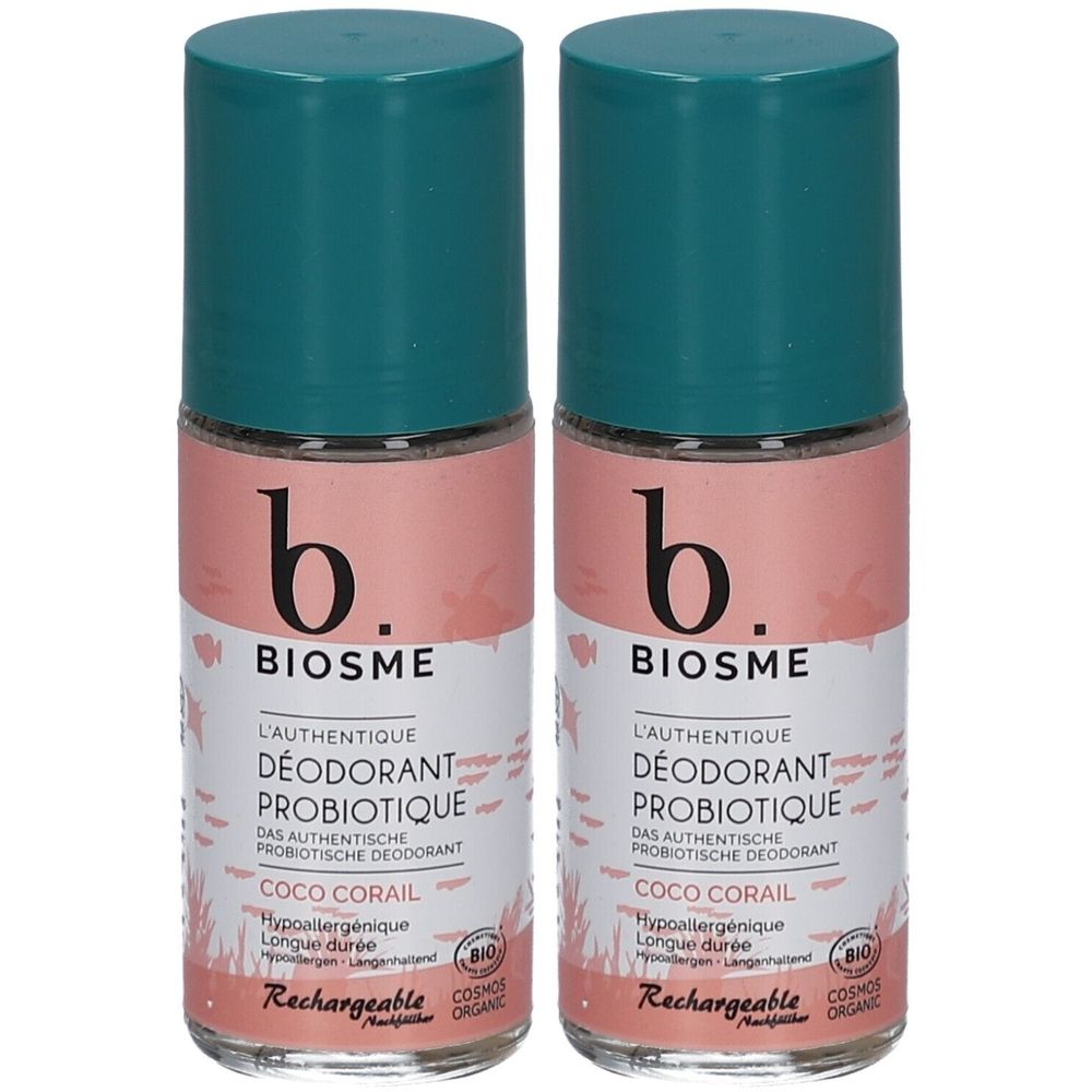 Deux déodorants roll-on. Flacons en verre avec bouchons turquoise. Inscription: BIOSME, PROBIOTIQUE, COCO CORAIL. Avec label bio.