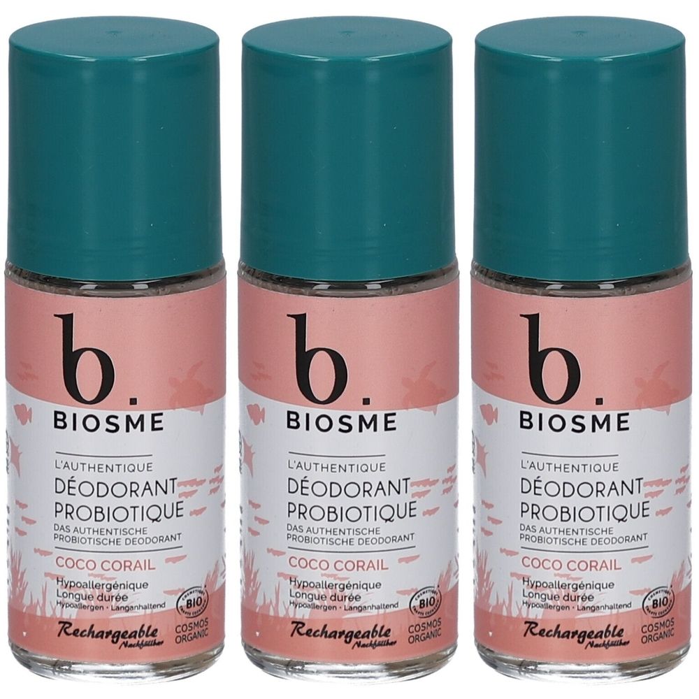 Trois déodorants roll-on avec bouchons verts. Inscription: BIOSME, DÉODORANT PROBIOTIQUE, Coco Corail. Avec label bio.
