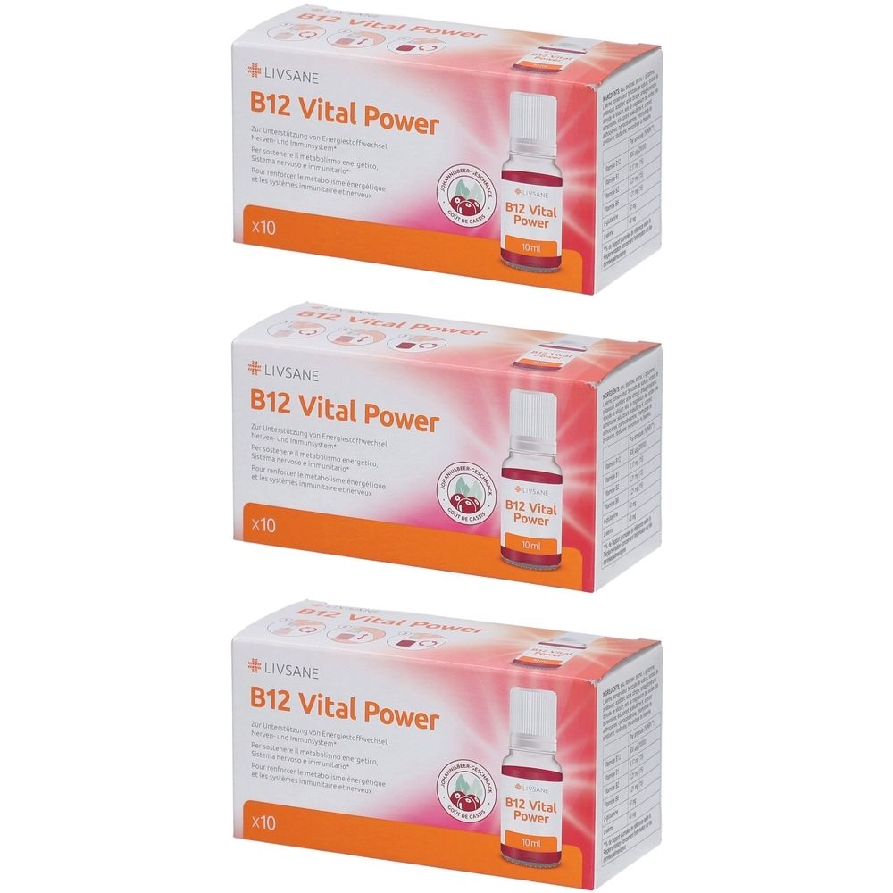 Trois boîtes de LIVSANE B12 Vital Power. Chaque boîte contient un flacon et est marquée "x10". Inscriptions : B12 Vital Power.