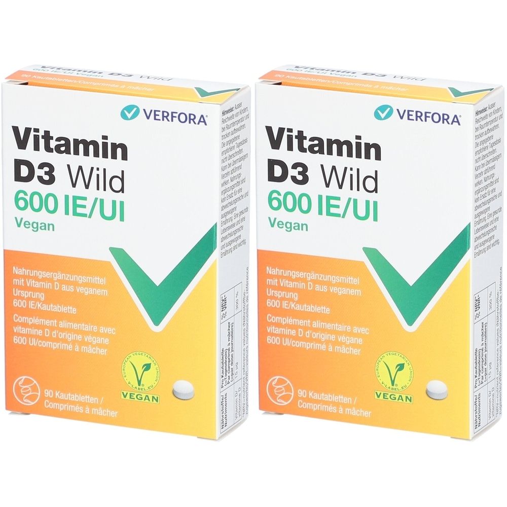 Zwei Schachteln mit Vitamin D3 Wild. Aufschrift: 600 IE/UI, Vegan. Enthält 90 Kautabletten. Mit Vegan-Siegel.