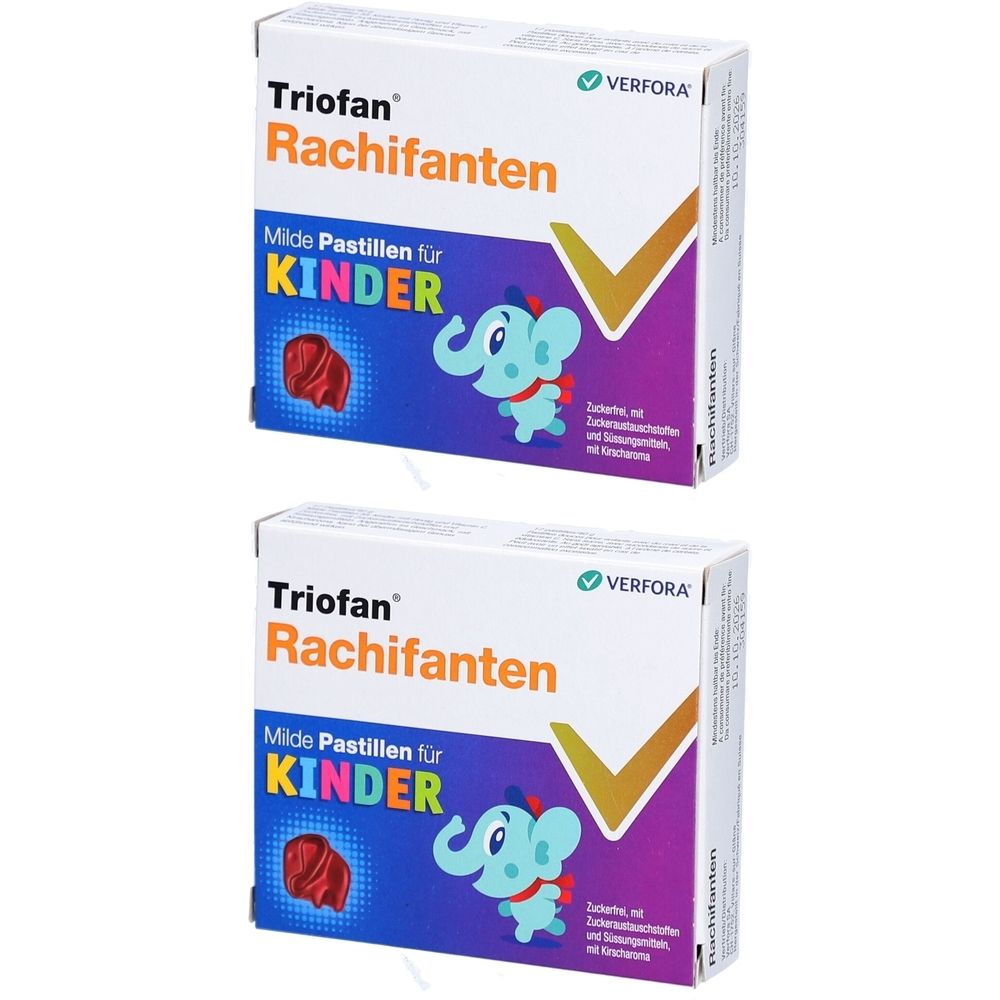 Deux boîtes de pastilles "TrioFan Rachifanten" pour enfants. Inscriptions : logo, nom du produit, illustration d'un éléphant.