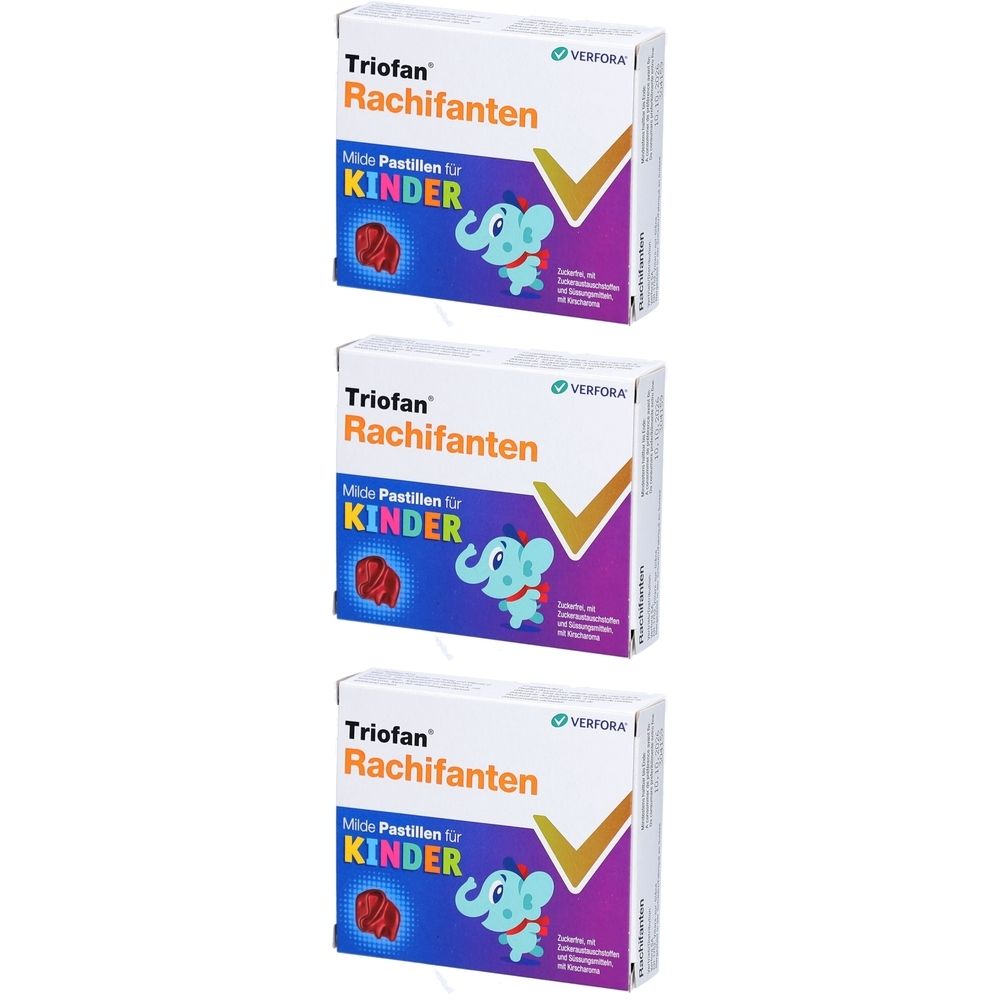 Trois boîtes de TRIOFAN Rachifanten. Chaque boîte porte le nom du produit, un dessin d'éléphant et l'inscription "KINDER".