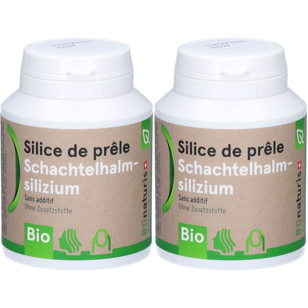 Deux flacons blancs avec étiquettes. Inscription: Silice de prêle Schachtelhalm-silizium, Bio. Marque: Bionaturis.