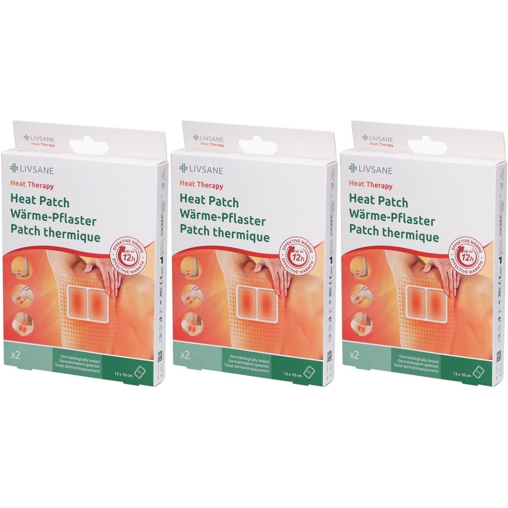 Trois boîtes de patchs chauffants LIVSANE. Chaque boîte affiche le produit et l'inscription "Heat Patch". Sceaux ronds avec "12h".