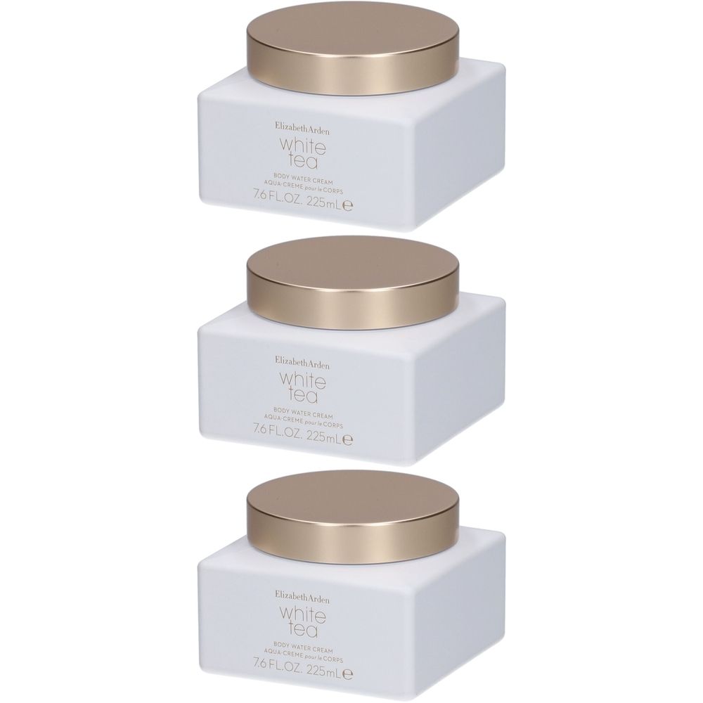 Drei weiße Tiegel mit goldenen Deckeln. Auf den Tiegeln steht "White Tea" und "Body Water Cream".