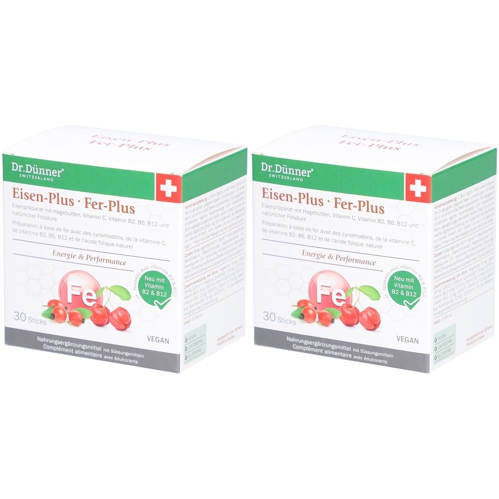 Deux boîtes de Dr. Dünner Eisen-Plus Fer-Plus. Emballage blanc avec des accents verts et rouges. Inscription : Energie & Performance. Vegan.