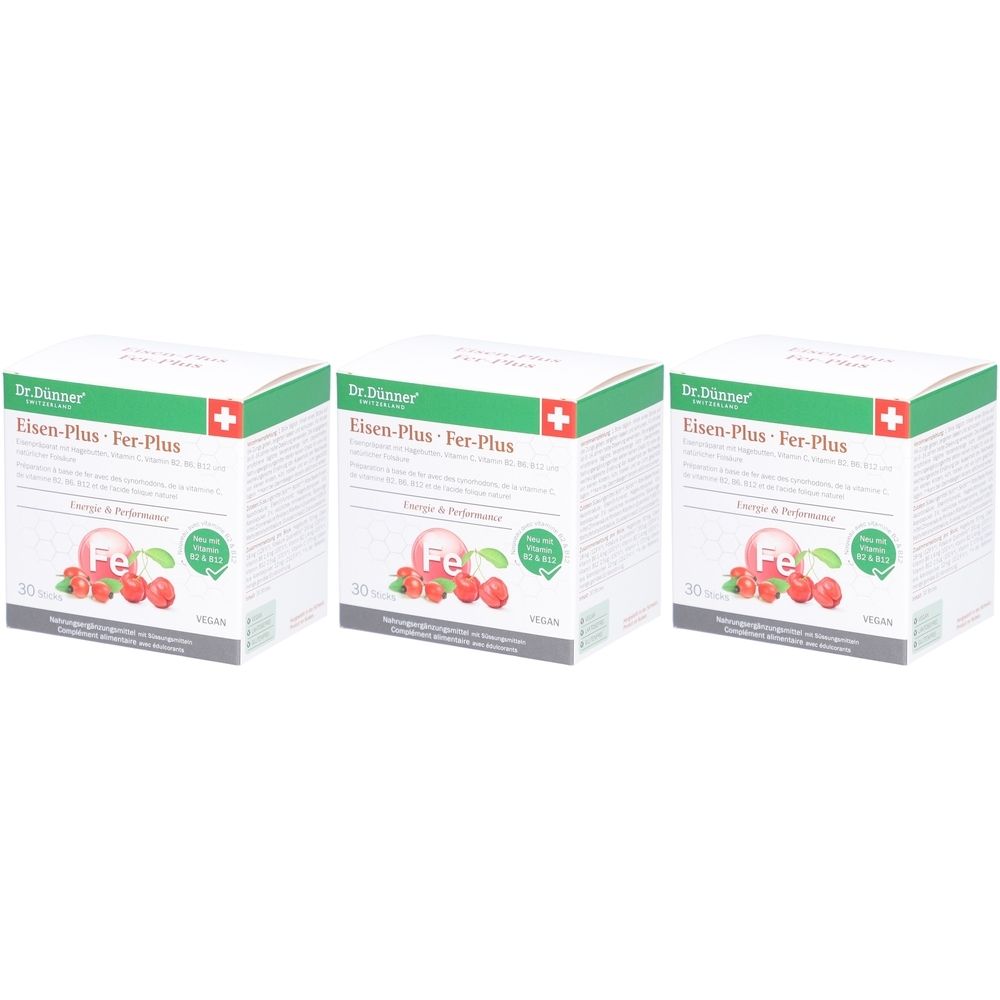 Trois boîtes de Dr. Dünner Eisen-Plus. Emballage blanc avec des accents verts et rouges. Inscription: Eisen-Plus Fer-Plus, Fe, 30 sticks.