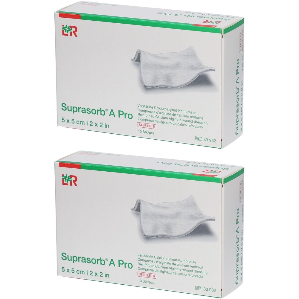 Deux boîtes blanches avec des accents verts. Inscription: Suprasorb A Pro, 5x5 cm, 12x2 in. Un pansement est visible.