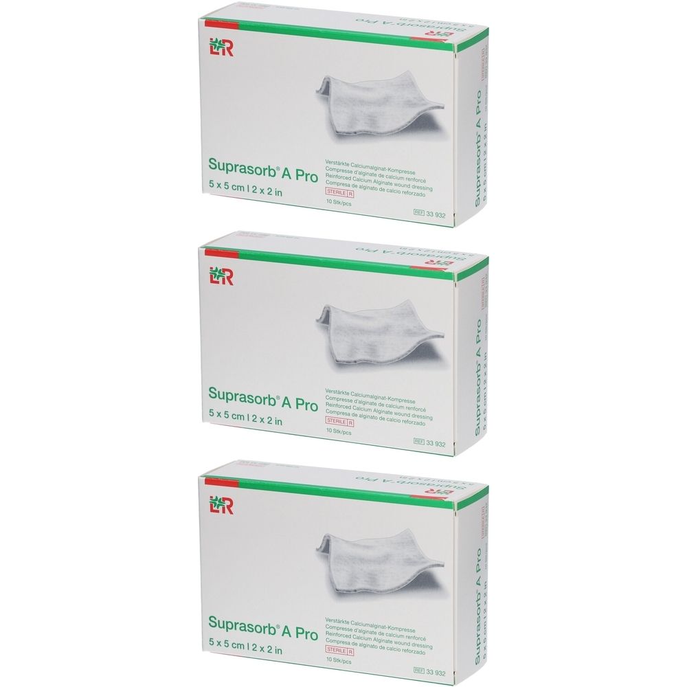Trois boîtes de Suprasorb A Pro. Chaque boîte affiche la taille 5x5cm et d'autres informations. L'emballage est blanc et vert.