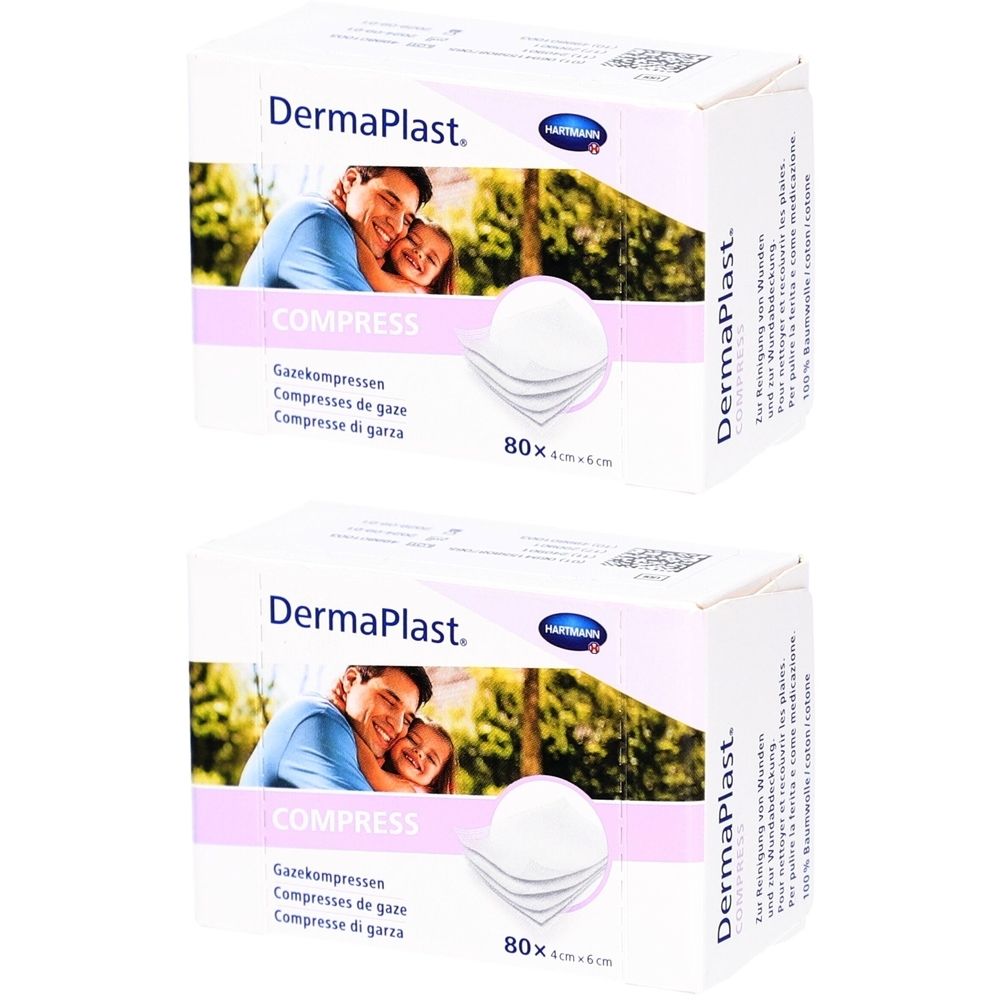 Deux boîtes de compresses de gaze DermaPlast. Inscription : 80 pièces, 4x4 cm. Image : homme et enfant. Texte : Compress, Gazekompressen.