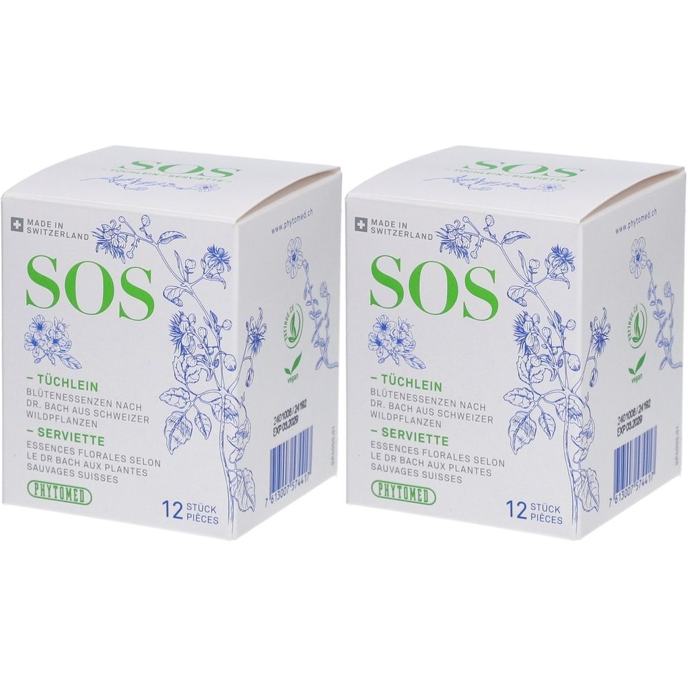Zwei weiße Kartons mit grüner Aufschrift SOS, floralem Muster und Text. Aufschrift: Tüchlein, 12 Stück. Hergestellt in der Schweiz.