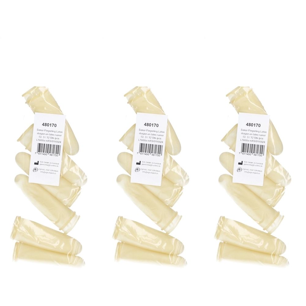 Trois paquets de doigtiers en latex poudré. Chaque paquet contient plusieurs doigtiers. Chaque paquet porte une étiquette avec du texte et un code-barres.