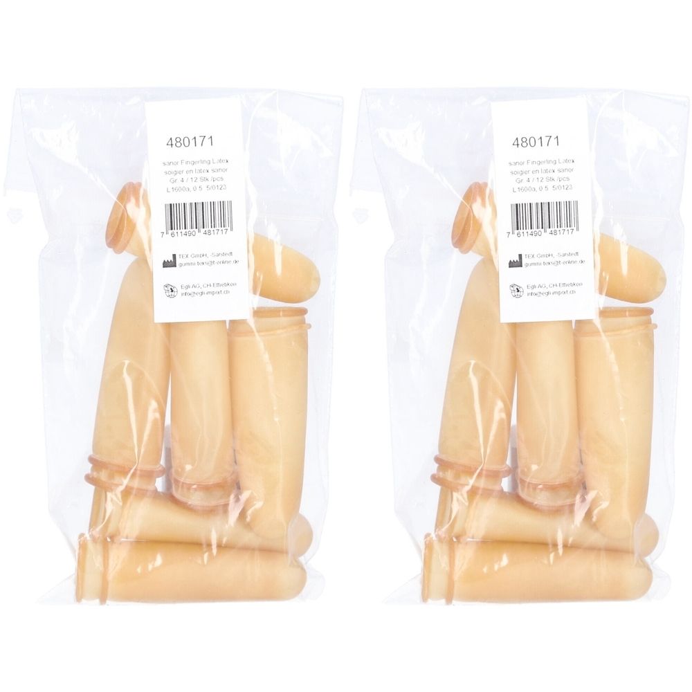 Deux paquets de doigtiers en latex poudré, dans des sachets transparents. Étiquettes avec numéro de produit et code-barres.