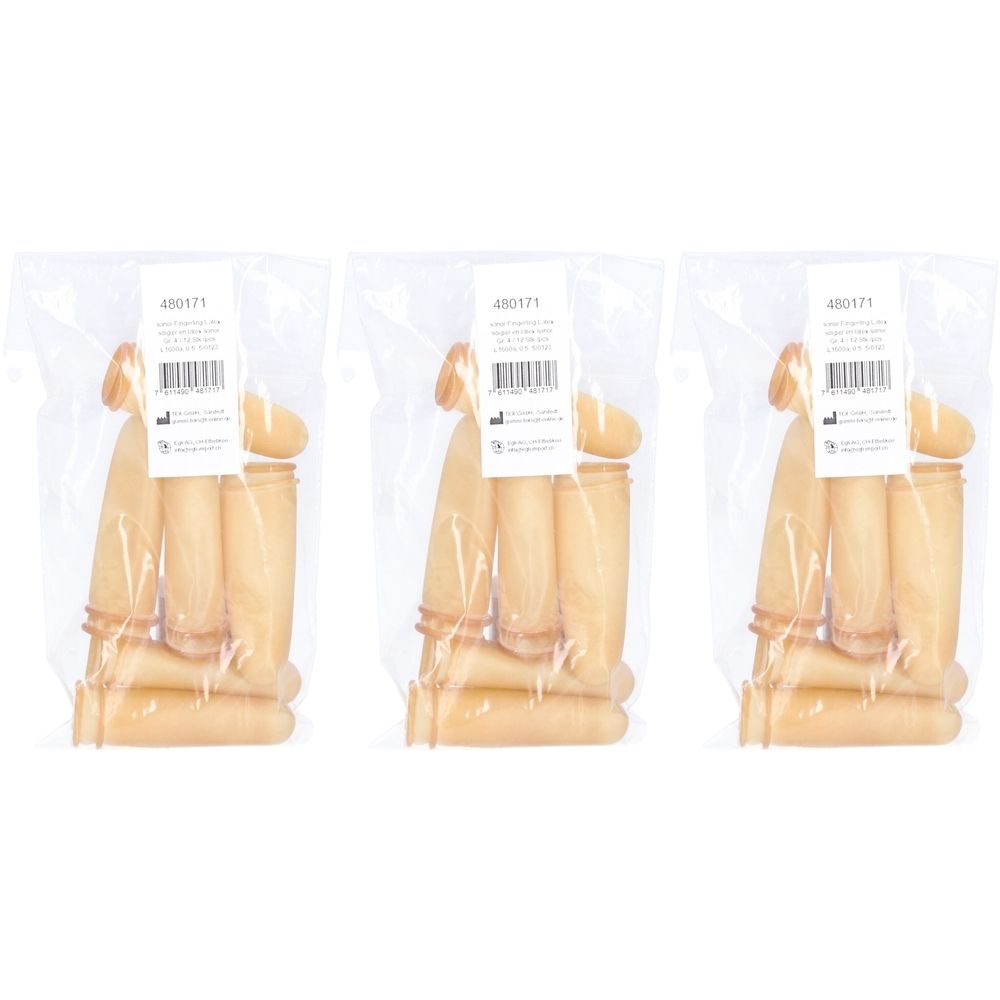 Trois paquets de doigtiers en latex poudré, dans des sachets transparents. Chaque paquet contient plusieurs doigtiers.