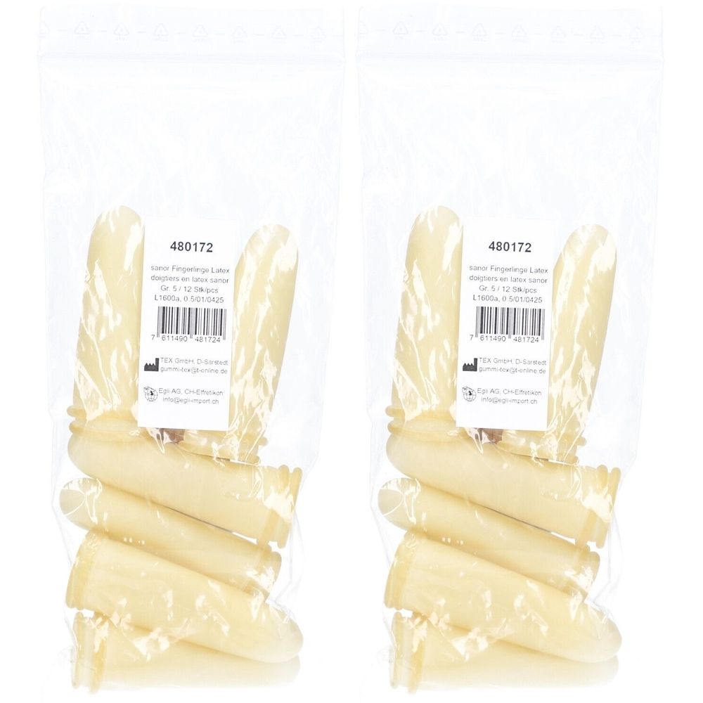 Deux paquets de doigtier en latex légèrement poudré. Chaque paquet contient des doigts. Impression avec informations produit.