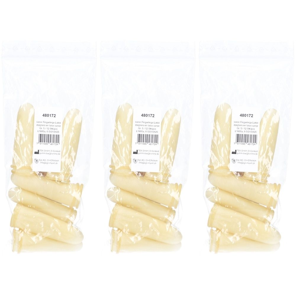 Trois sachets transparents contenant des doigtiers en latex. Chaque paquet contient plusieurs doigtiers et une étiquette avec texte et code-barres.