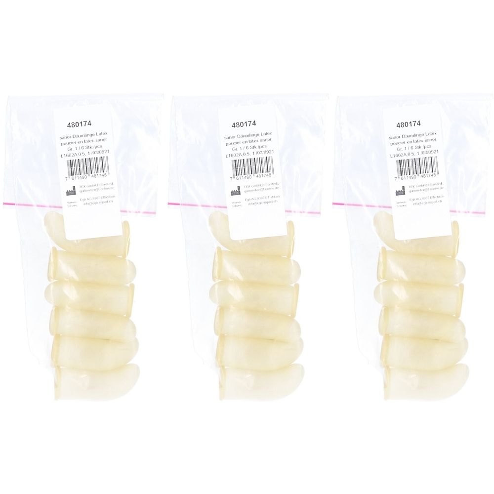 Trois paquets de doigts en latex. Chaque paquet contient six doigts. Les doigts sont emballés dans des sachets transparents.