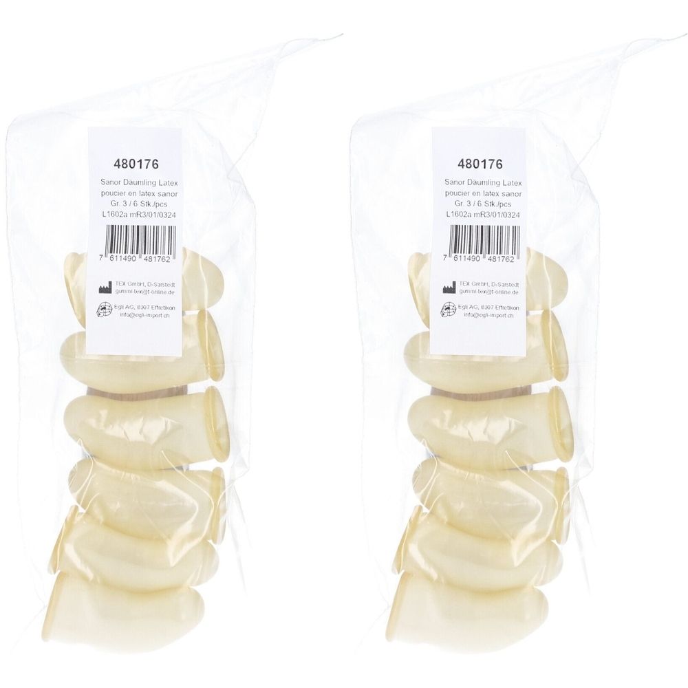 Doigtiers en latex dans un emballage transparent. Six pièces par paquet. Impression avec numéro d'article et indication de taille.