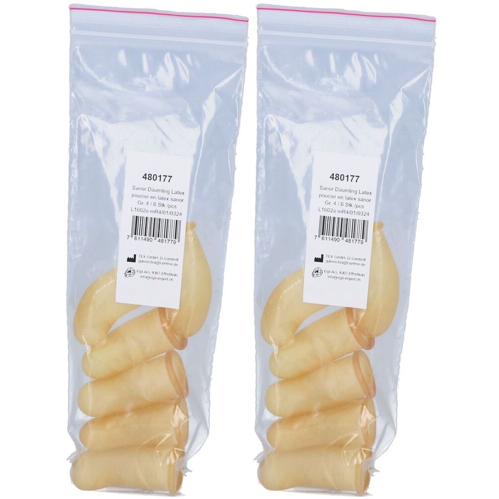 Deux sachets transparents contenant des doigts en latex. Les étiquettes affichent des numéros de produit et des codes-barres.