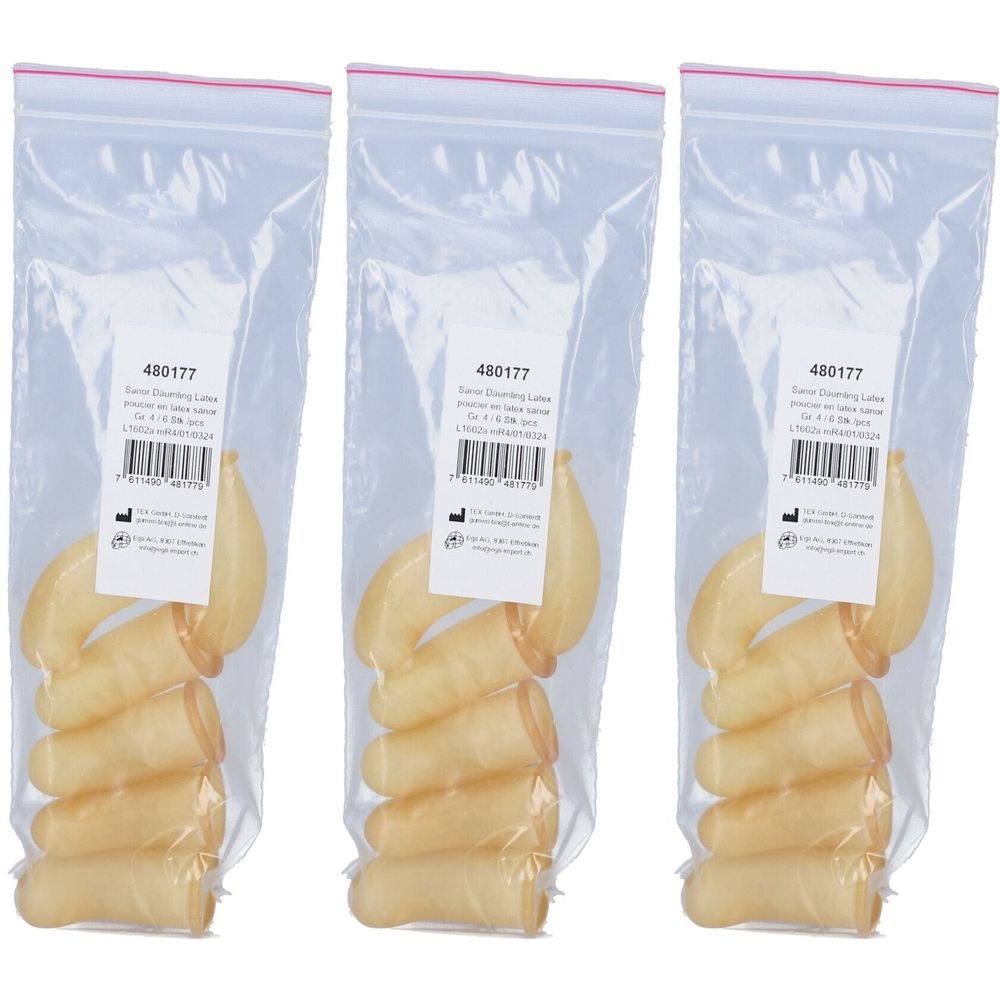 Trois sachets transparents contenant des doigtier en latex. Chaque sachet contient plusieurs doigtier. Une étiquette avec du texte est présente sur chaque sachet.