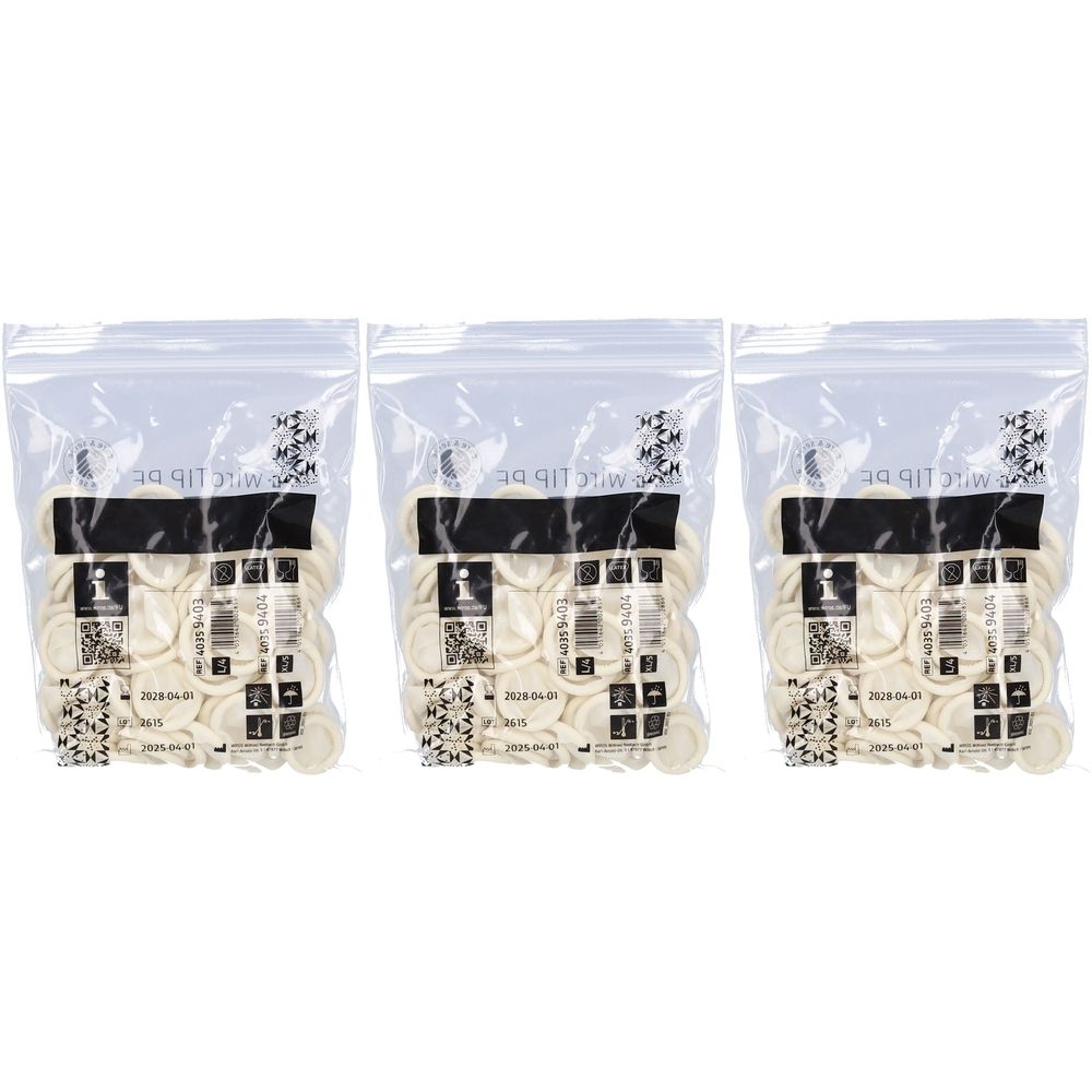 Drei transparente Beutel mit Latex-Fingerlingen. Jeder Beutel enthält viele cremefarbene Fingerlinge. Schwarzer Streifen mit Text oben.