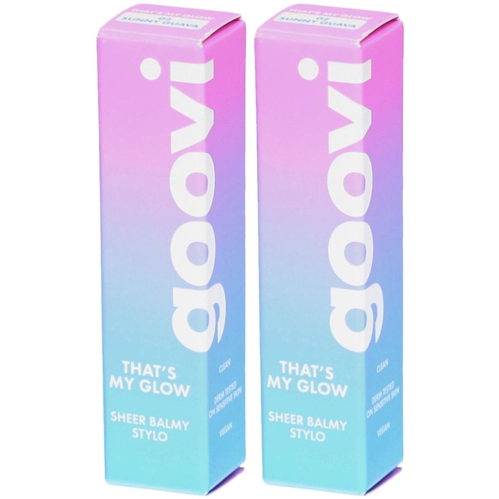 Zwei rechteckige Schachteln mit Farbverlauf. Aufschrift: goovi, THAT'S MY GLOW, SHEER BALMY STYLO. Vegan.