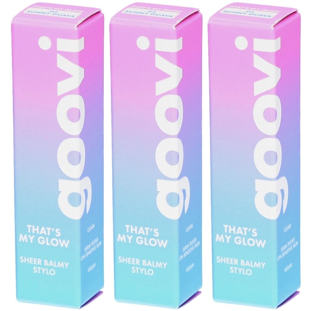 Drei rechteckige Verpackungen mit Farbverlauf von Rosa nach Blau. Aufschrift: Goovi, That's My Glow, Sheer Balmy Stylo.