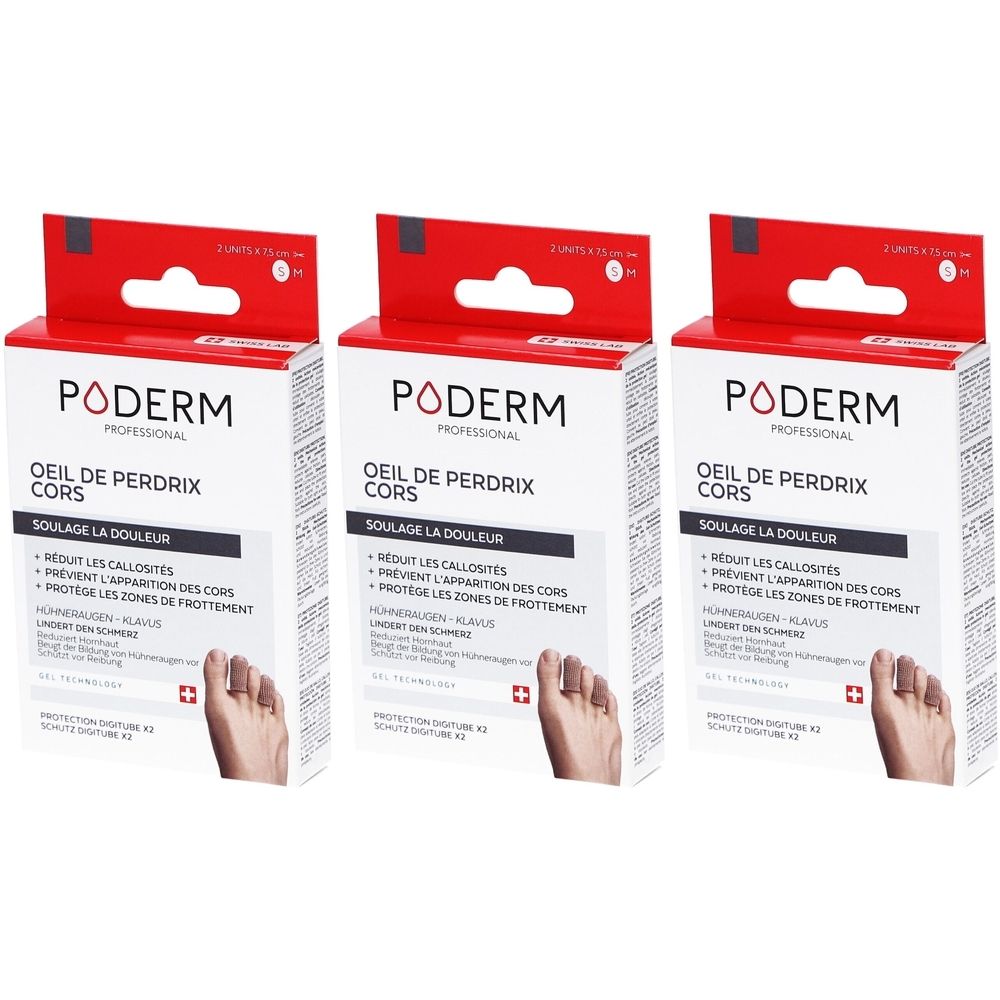 Trois boîtes PODERM PROFESSIONAL. Sur chaque boîte, « OEIL DE PERDRIX CORS ». Emballage rouge et blanc avec une image de pied.