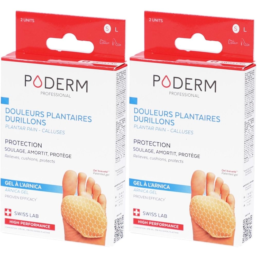 Deux boîtes PODERM. Inscription: DOULEURS PLANTAIRES DURILLONS, PLANTAR PAIN - CALLUSES, PROTECTION. Contient Gel à l'Arnica. Swiss Lab.