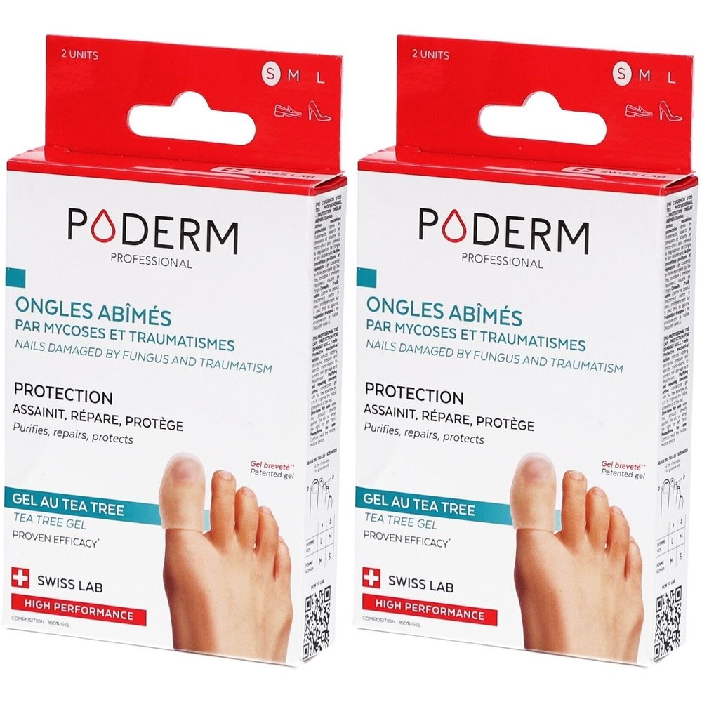 Zwei Poderm-Verpackungen. Aufschrift: Ongles Abîmés, Gel au Tea Tree. Größe S. Swiss Lab. High Performance.