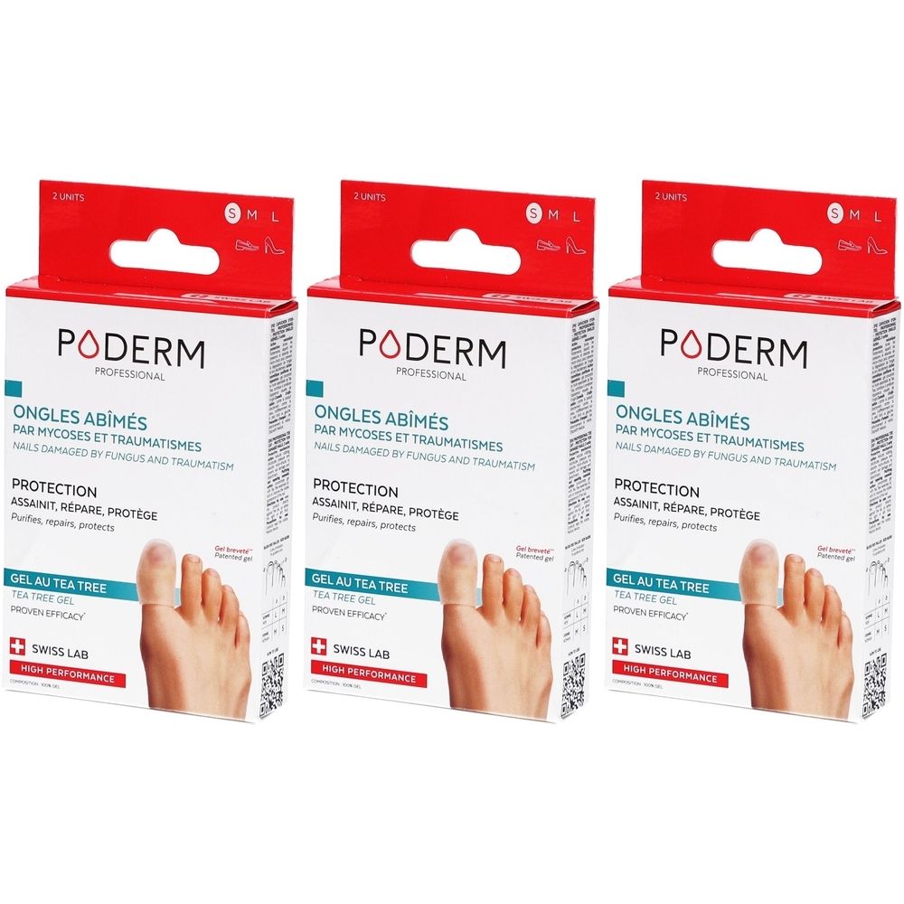 Drei Schachteln mit Produkt. Rote und weiße Verpackung mit Produktnamen und Fußabbildung. Text: Ongles Abimés, Gel au Tea Tree.