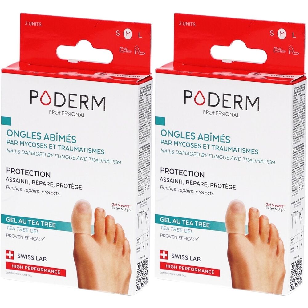Zwei PODERM-Verpackungen. Aufschrift: Ongles Abimés, Schutz, Swiss Lab. Zehenschutzkappe auf Fuß abgebildet. 2 Einheiten.